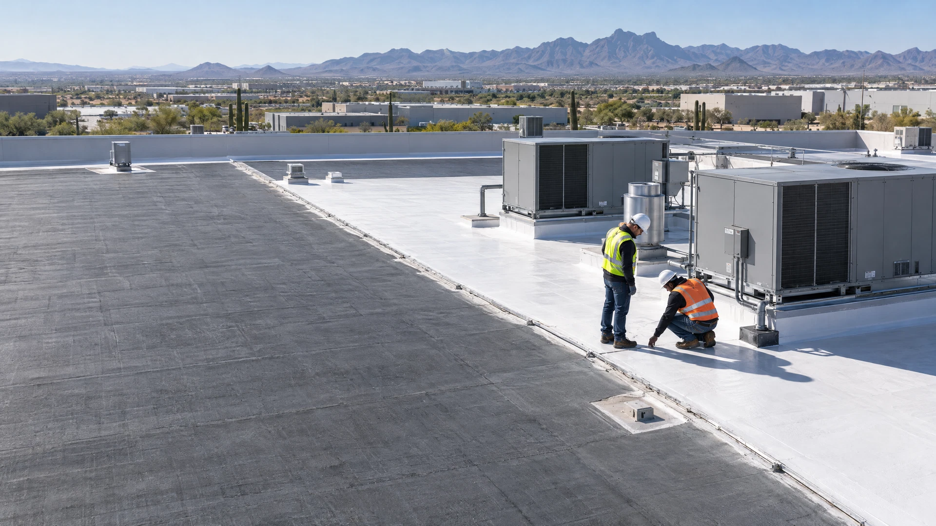 Commercial low-slope roof overlooking a modern office district