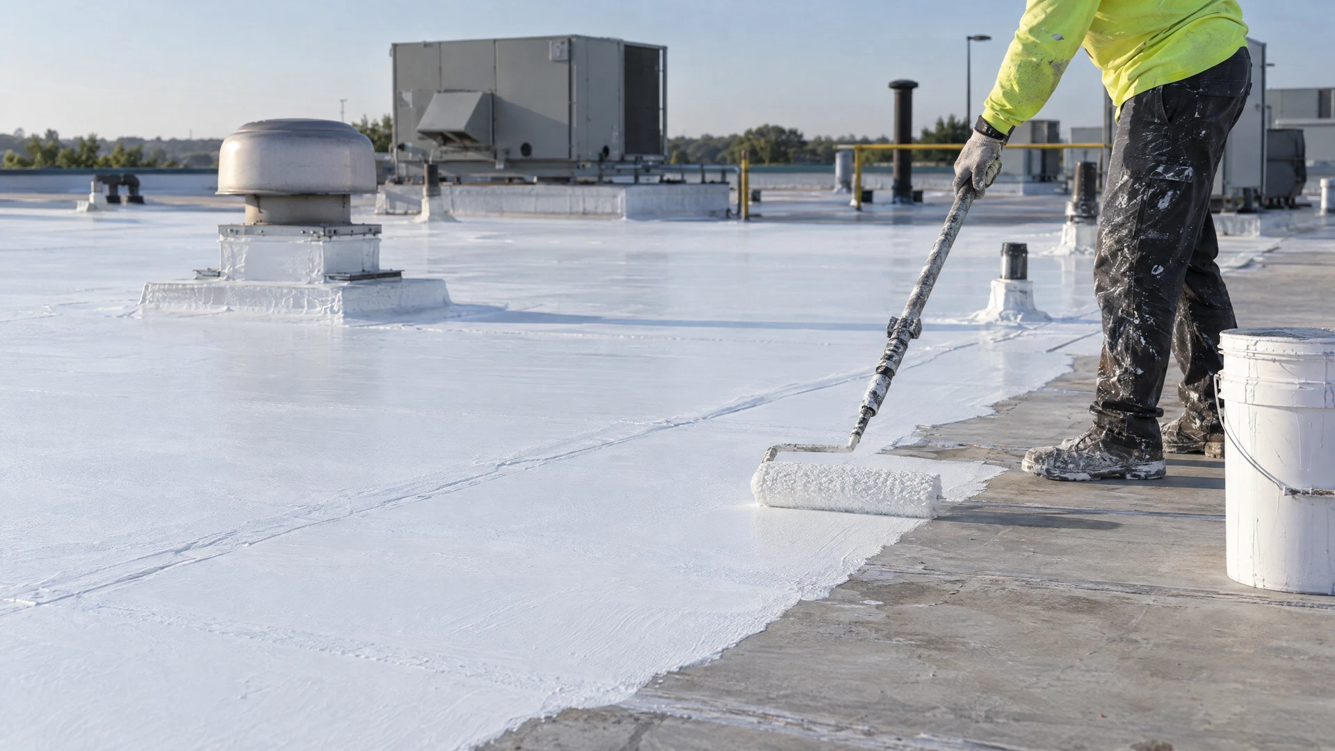 Silicone coating being rolled on a prepared commercial low-slope roof