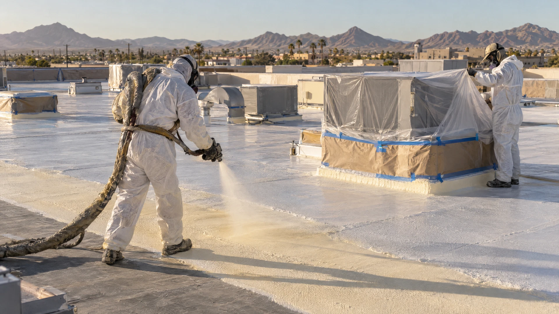 Commercial spray foam roofing work with protected rooftop equipment