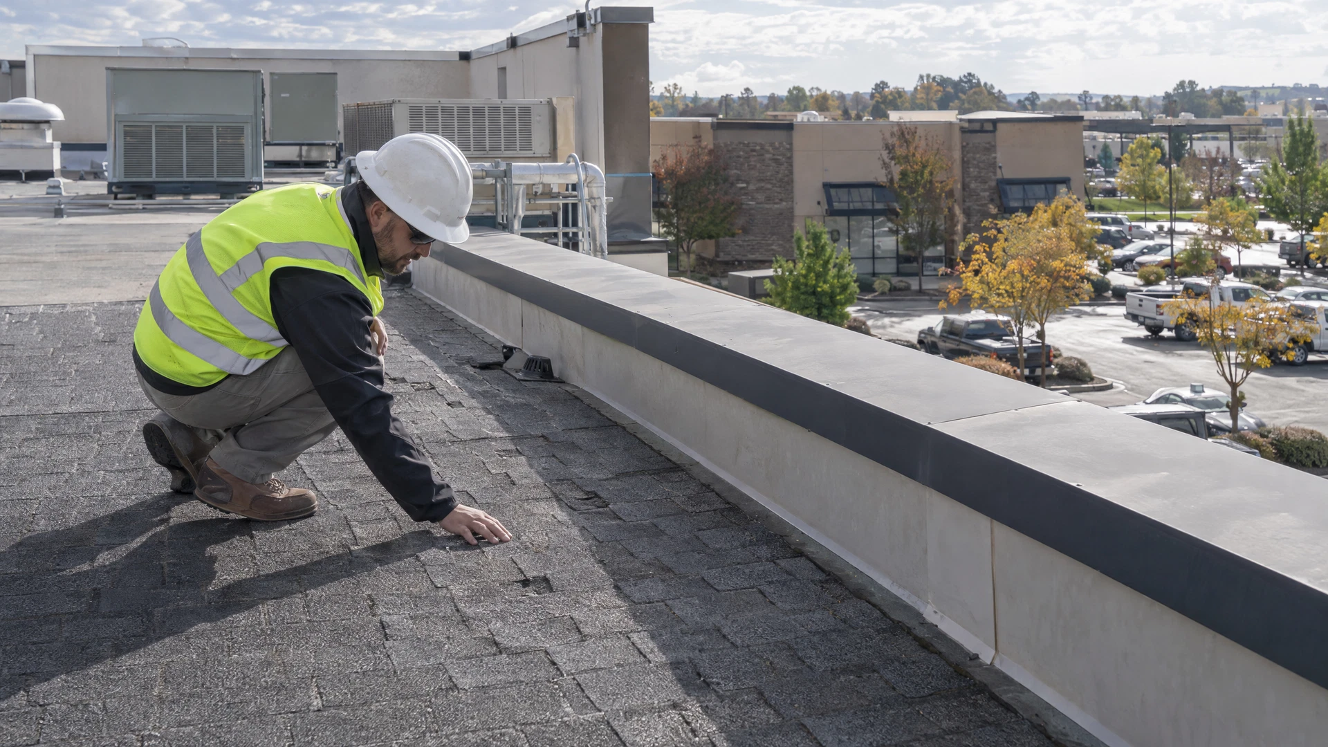 Inspector reviewing a commercial asphalt shingle roof section