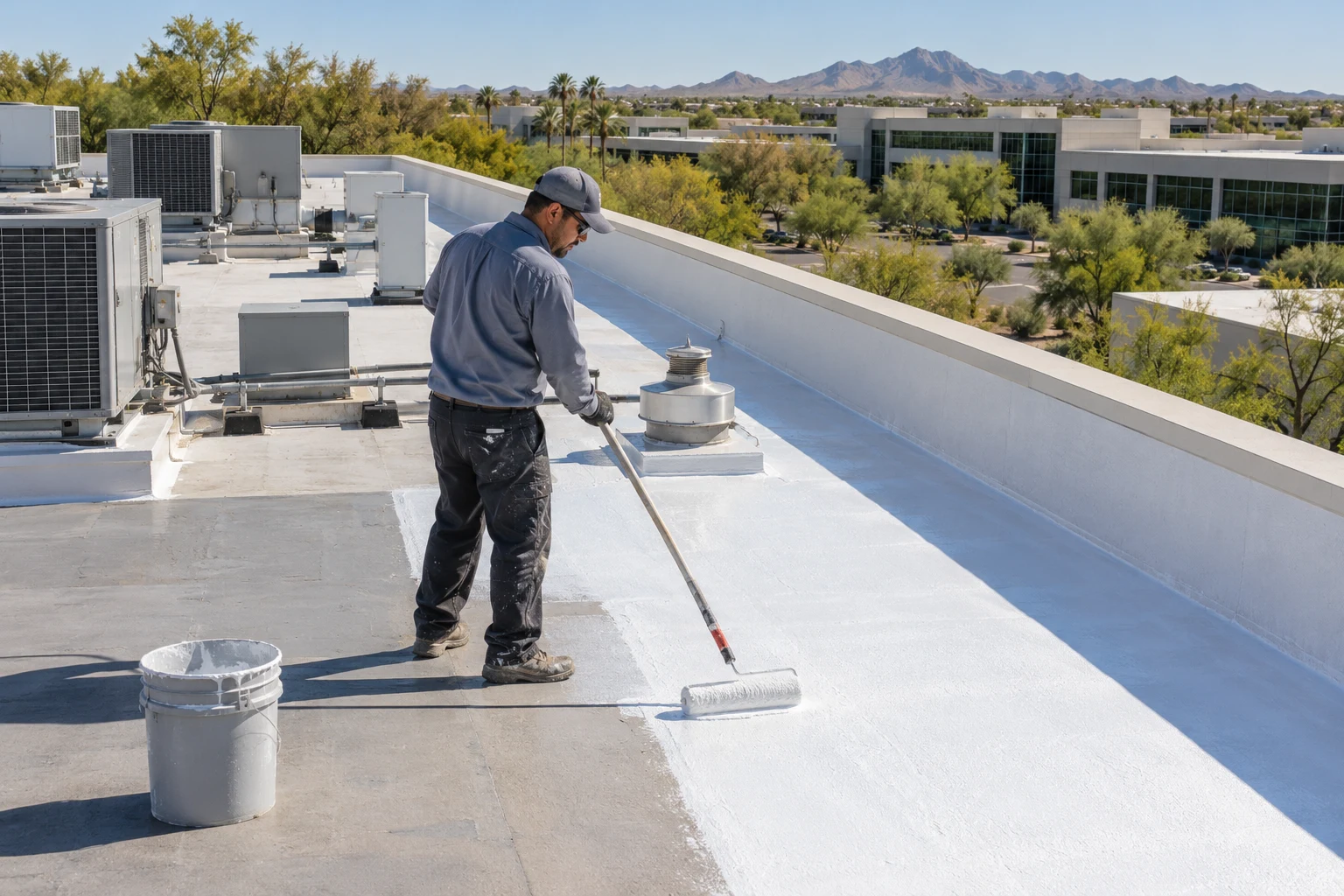 Roofer applying a coating to a low-slope commercial campus roof
